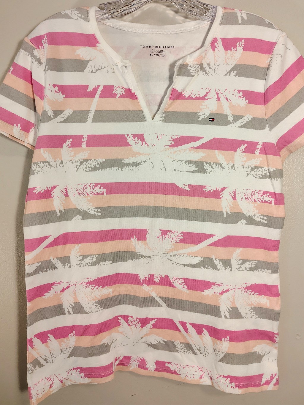 Tommy Hilfiger Palm Tree Stripe Notch Neck Graphic Tee Shirt - Coral Pink Xl
